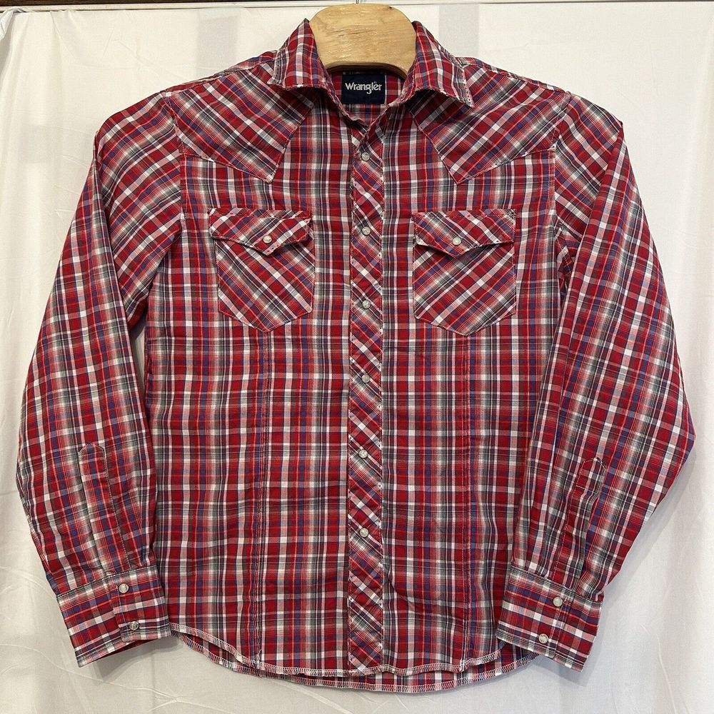 Wrangler Shirt Pearl Snap Mens Size‎ Medium Red Blue Plaid Long Sleeve Western